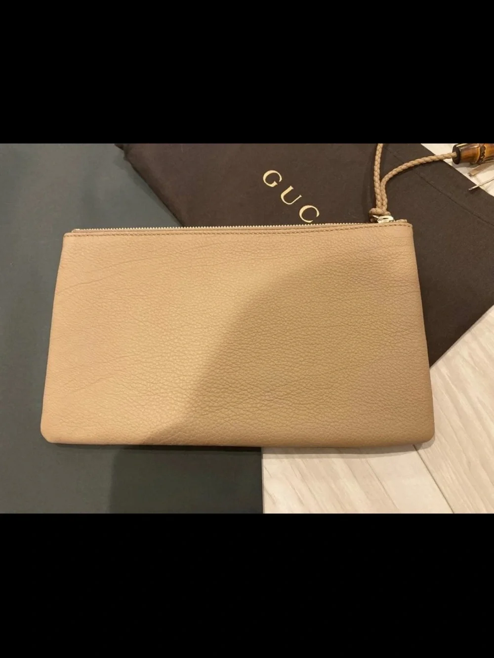 Gucci Tan Pebbled Leather Tassel Wristlet Pouch